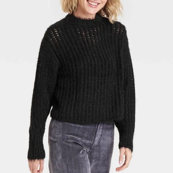 Universal Thread Women's Crewneck Openwork Pullover Sweater Black XXL - Picture 1 of 12